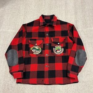 Vintage Flannel Jacket Mens Medium Red 1960s Wool Plaid Button Up Quebec Shacket